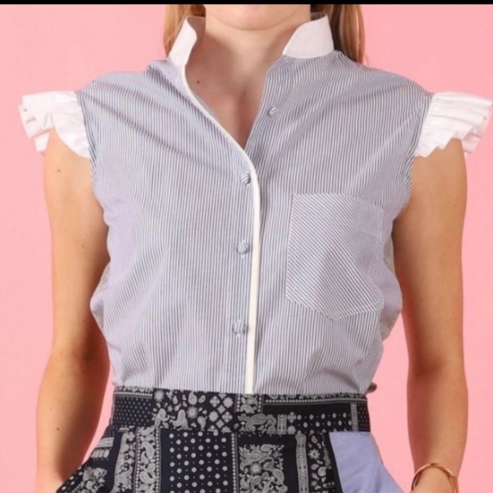 Harvey Faircloth‎ Seersucker Stripe Ruffle Cap Sleeve Button Front Top